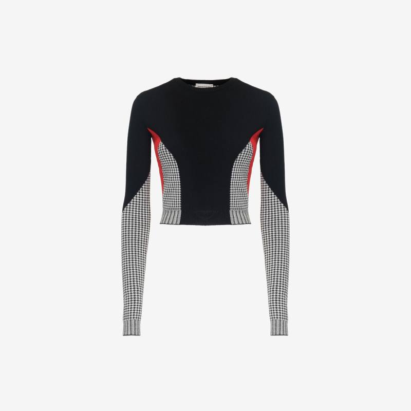 Alexander McQueen Women's Black Dogtooth Colour-Block Jumper - 8 (Wool)